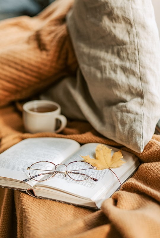Gemütliche Wohnszene mit Buch, Herbstlaub, Wolldecke und Kakao-Tasse