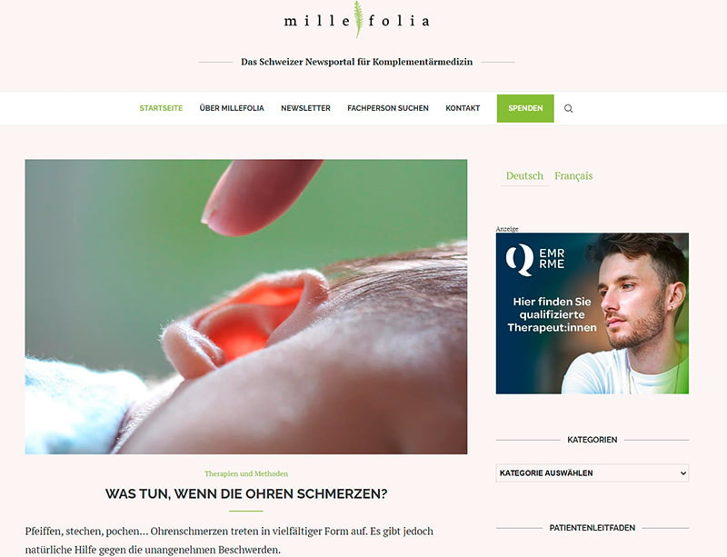 Screenshot der Millefolia-Startseite mit Werbebanner-ERM 2022