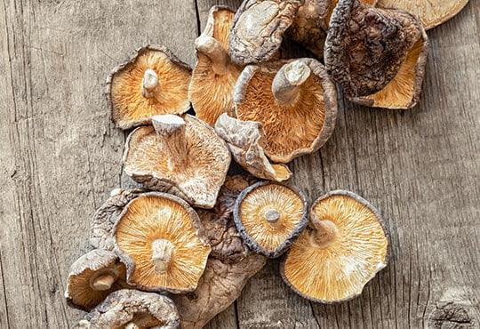 Getrocknete Shiitake Pilze auf Holzfläche