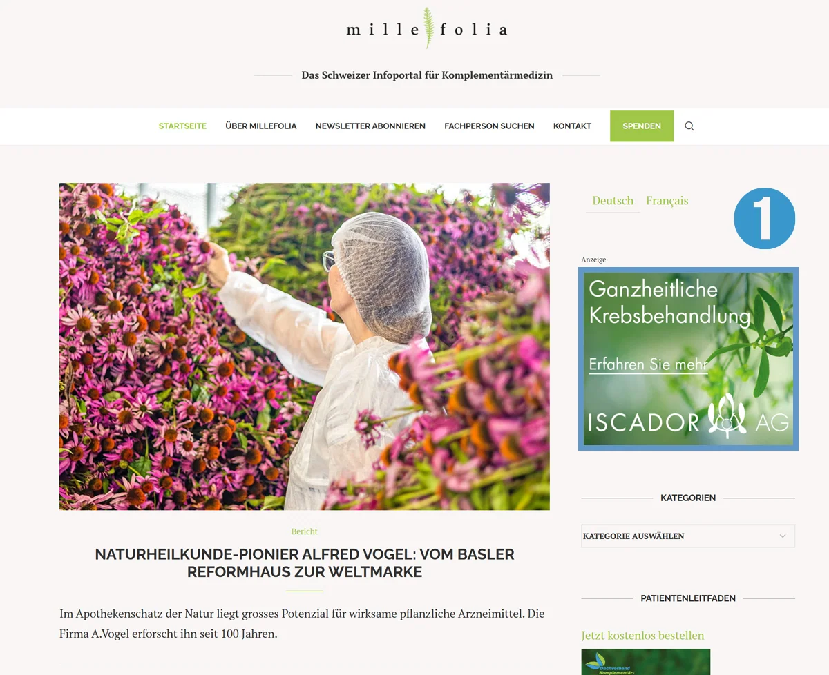 Bildschirmaufnahme der Millefolia-Website mit Werbebanner im Sidebar rechts