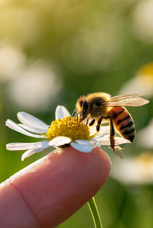Eine Biene nascht an einer Margerite, die ihr ein Zeigefinger entgegenstreckt