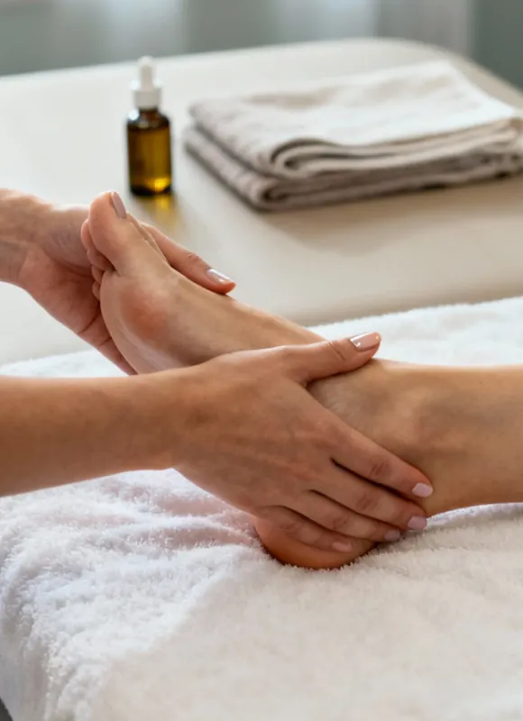 Des mains massent un pied de manière experte sur une table de thérapie
